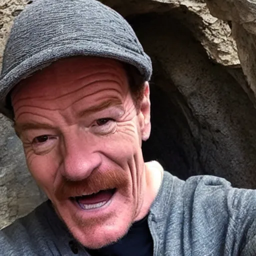 Prompt: bryan cranston excited, taking a selfie inside of an ancient cave covered in moss