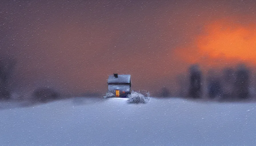 Image similar to Snowy Landscape with Blizzard! in a snowstorm!, a single Small shack in the distance with orange lights in the windows, snowstorm, digital art, highly detailed, blizzard, 4k