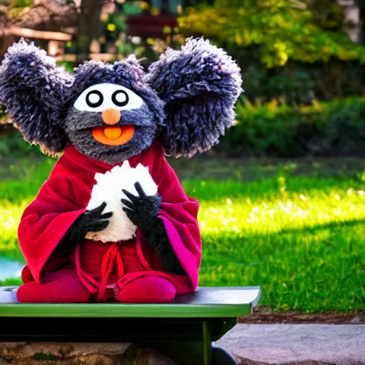 Image similar to an extremely fluffy muppet with rabbit ears and wearing a dark ninja robe with a red belt and practicing her meditation in nature on a park bench, photorealistic, photography, ambient occlusion, rtx, national geographic, sesame street