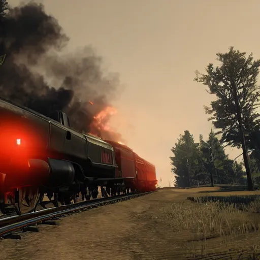 Image similar to futuristic sleek steam locomotive in red dead redemption 2