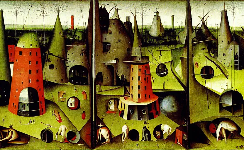 Image similar to geometric painting of industrial buildings surrounded by undergrowth by hieronymus bosch