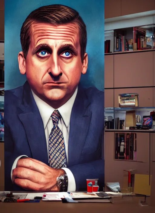 Prompt: ( ( ( hyperrealist portrait of steve carell as michael scott ) ) ) by mike campau, head and torso, photorealistic, octane render, vibrant colors, unreal engine, dynamic lighting, perfect factions, very detailed faces, intricate detail, trending on artstation, poster, volumetric lighting, 4 k, award winning