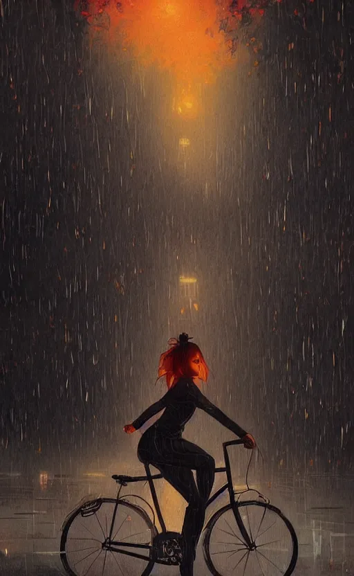 Prompt: a beautiful illustration of a woman riding a bicycle in a rainy night, fiery particles, anime aesthetic, midnight theme, depth of field, bokeh, composition study, featured on artstation, by art by artgerm and greg rutkowski and alphonse mucha, vertical orientation