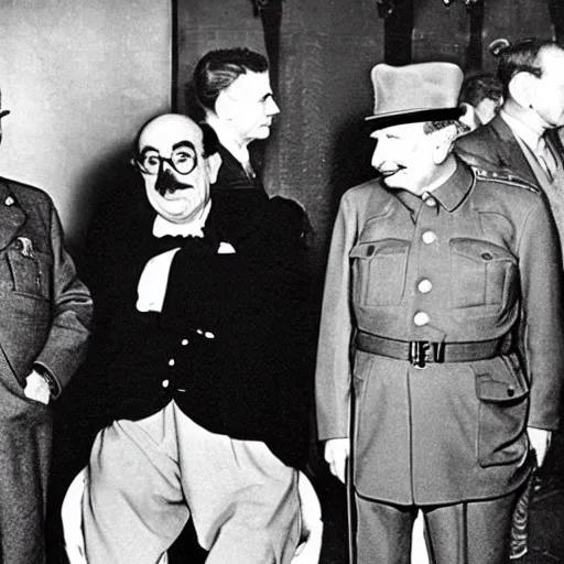 Image similar to groucho marx with winston churchill and stalin sitting at the yalta conference, photograph from 1 9 4 5