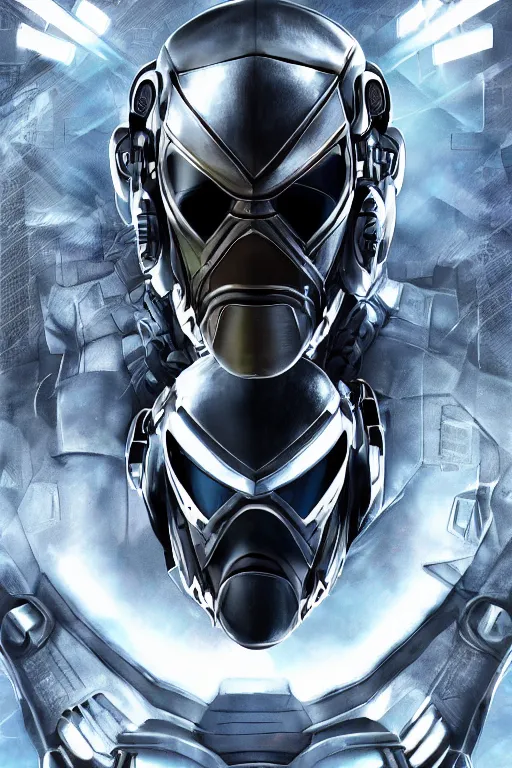 Image similar to cyber cyborg ninja mask helmet metal gear solid artic suit swat commando, global illumination ray tracing hdr fanart arstation by sung choi and eric pfeiffer and gabriel garza and casper konefal, a spectacular view cinematic rays of sunlight comic book illustration, by john kirby