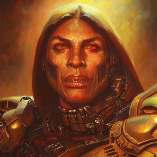 Image similar to detailed portrait of doom slayer intricate, hyper detailed, realistic, oil painting, by julie bell, frank frazetta, cinematic lighting