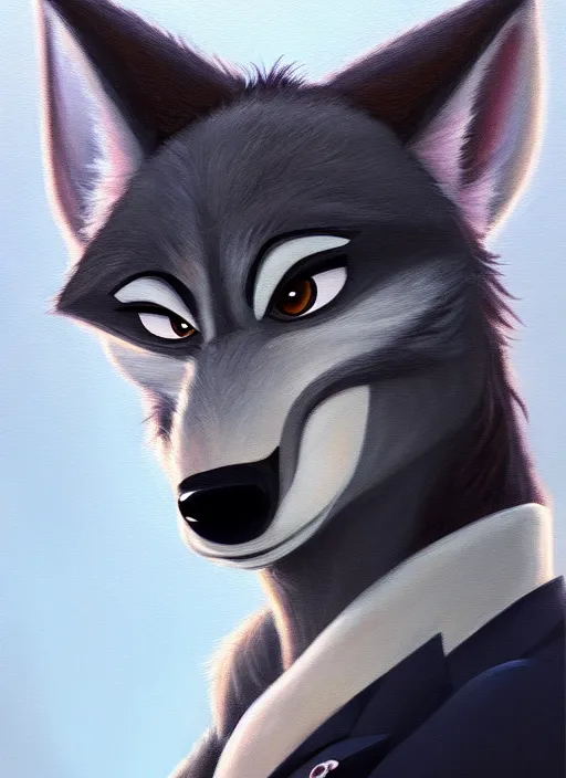 Image similar to oil painting of anthromorphic female wolf, in style of zootopia, female fursona, furry, furaffinity, 4 k, deviantart, furry art, fursona art, wearing black business suit, business suit, wolf fursona, female, very expressive detailed feminine face,