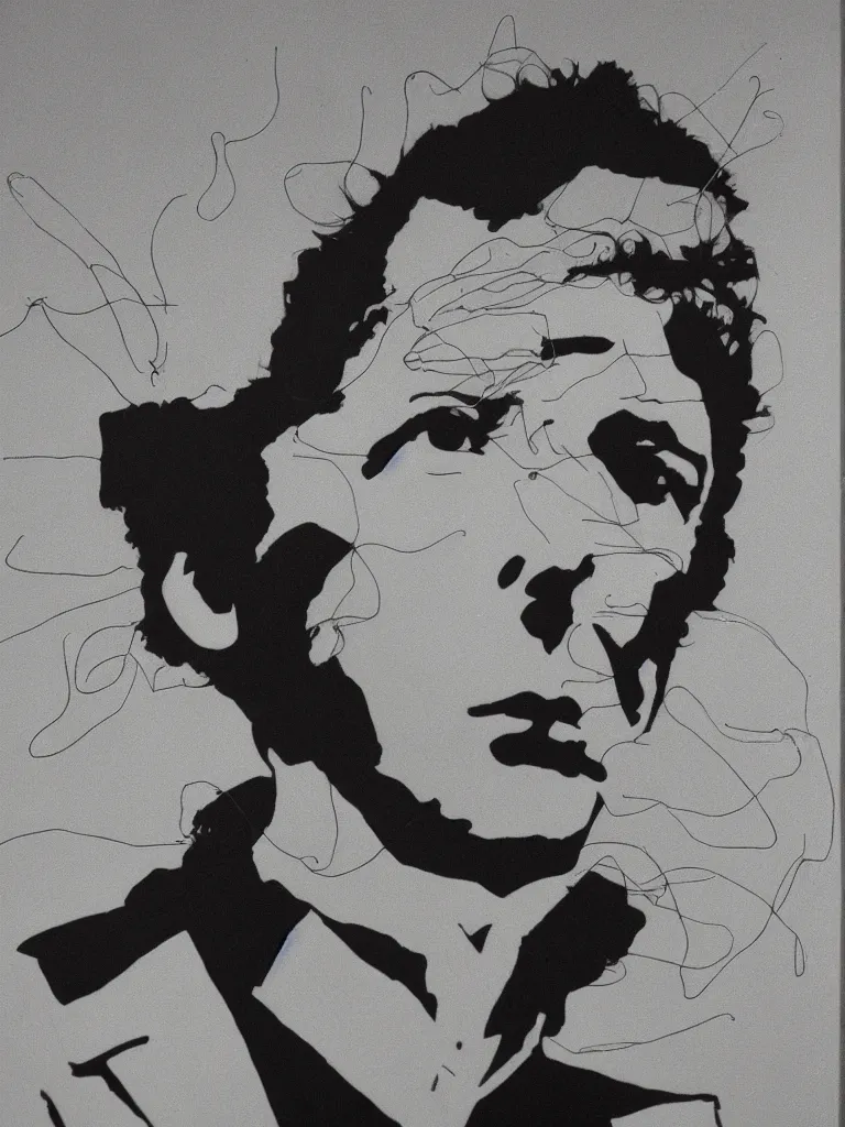 Image similar to wire art portrait of young leonard cohen.