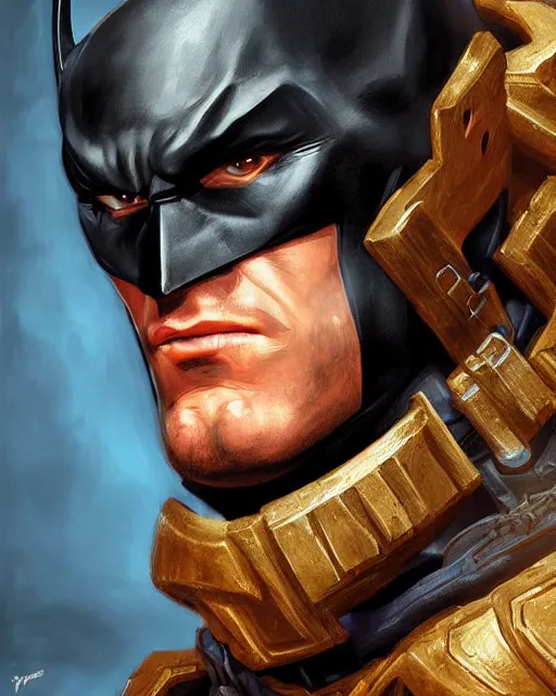 Prompt: digital painting of a batman warrior by filipe pagliuso and justin gerard, symmetric, fantasy, highly detailed, realistic, intricate, portrait, sharp focus,