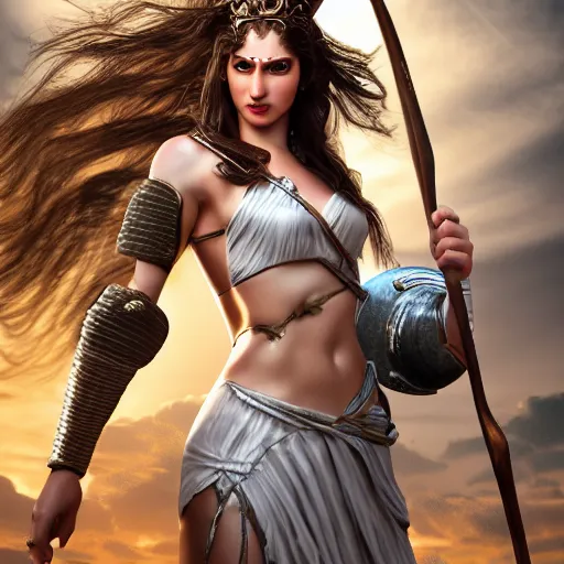 Image similar to Greek goddess Athena fighting with stupidity, stupidity is represented by internet influencers, realistic person, spear in the right hand, long hair, natural look, realistic photography, hyper realistic, highly detailed, 4k, battle landscape