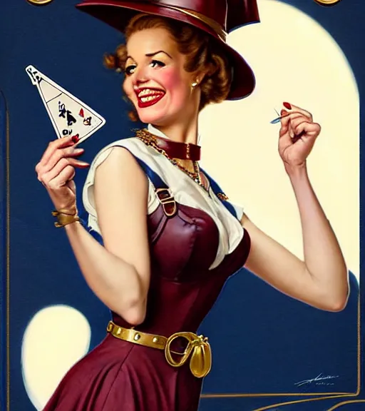 Prompt: a beautiful lady as a magic the gathering card by magali villeneuve and gil elvgren and norman rockwell, crisp details, hyperrealism, smiling, happy, feminine facial features, stylish navy blue heels, gold chain belt, cream colored blouse, maroon hat, windblown, holding a leather purse, mtg