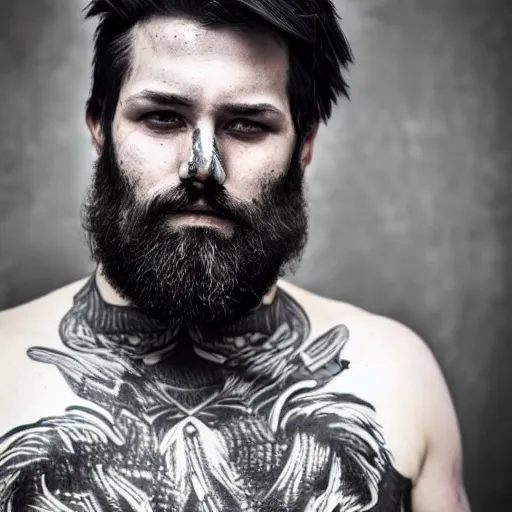 Image similar to bust portrait of handsome proud man with short black hair with a touch of grey hair, viking very short full beard warrior, cyberpunk, fashion editorial photography, waist up, low angle