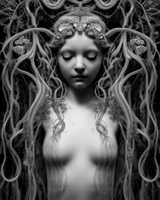 Image similar to mythical dreamy underwater artistic black and white 3 d render of a translucent beautiful young female angelic - medusa - vegetal - doll, highly detailed, intricate crystal ivy jelly ornate, poetic, translucent algae ornate, digital art, octane render, 8 k artistic photography, photo - realistic, hg giger flora borsi