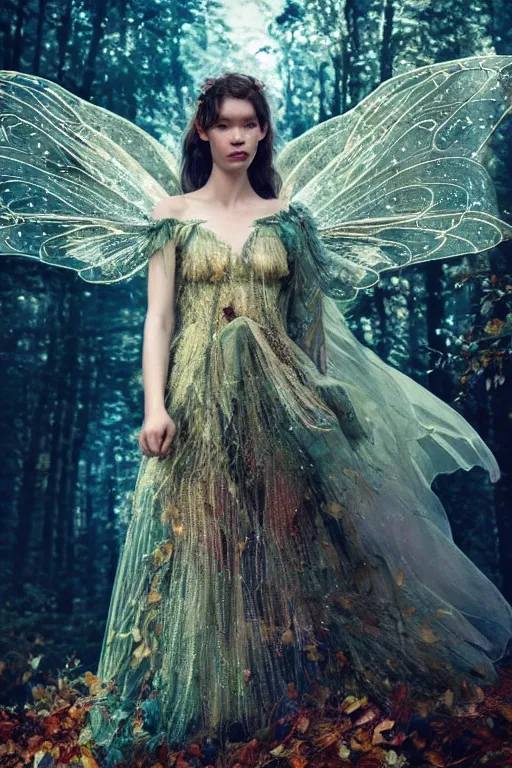 Prompt: masterwork full body photograph of astrid berges frisbey as a fairy with long flowing hair. highly detailed sharp focus face. wearing a dress made out of stars. resting on a background of autumn leaves. fluid, dreamy, ethereal, vivid colours. wow! cinematic lighting. trending on artstation. cgsociety. by moebius. megapixels.