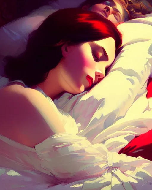 Image similar to stylized portrait by aykutmakut of an artistic pose, composition, young victorian sleeping fancy lady in bed, cinematic moody colors, realistic shaded, fine details, realistic shaded lighting poster by ilya kuvshinov, magali villeneuve, artgerm, jeremy lipkin and michael garmash and rob rey