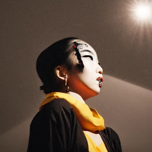 Image similar to filmstill, over the shoulder photography of asian girl with golden makeup looking in to the camera, black lips, black kimono, black pagoda, black face tattoo, sad mood, god rays, volumetric light, lightbeams, art noveau style, neobrutalistic