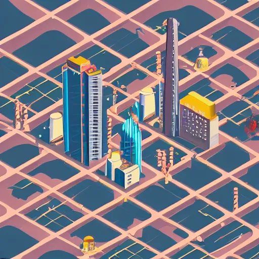 Image similar to futuristic city landscape, isometric art