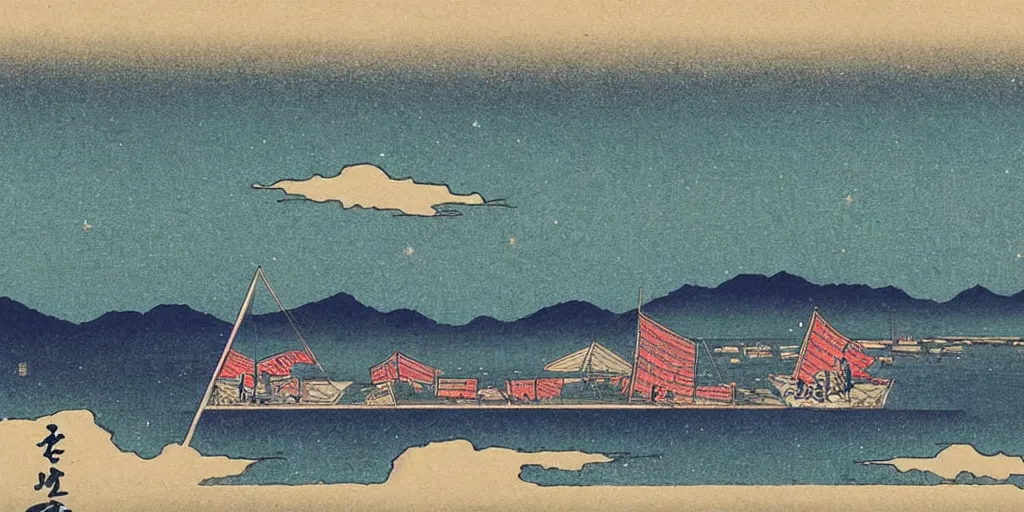 Prompt: ⛵ 🌉 🌌 ⛩. shin - hanga.