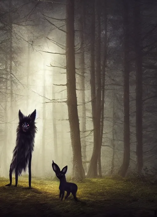 Prompt: a ominous furry creature with long twisted ears standing in a forest, big yellow glowing eyes, dark fantasy, michael kutsche, concept render, beautiful lighting