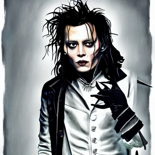 Image similar to portrait of young johnny depp as edward scissorhands, highly detailed, centered, solid color background, digital painting