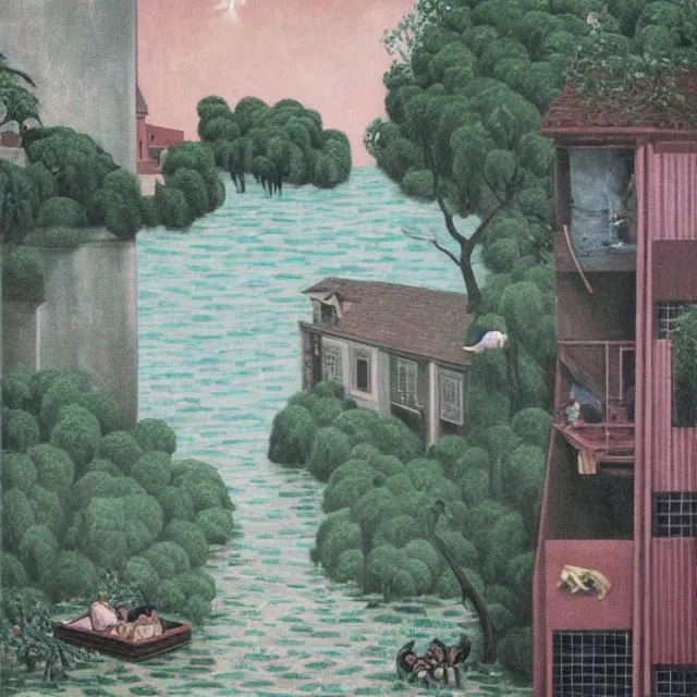 Image similar to painting of flood waters inside an apartment, emo catgirl art student, a river flooding inside, taps with running water, tangelos, zen, pigs, ikebana, water, river, rapids, waterfall, black swans, canoe, pomegranate, berries dripping, acrylic on canvas, surrealist, by magritte and monet