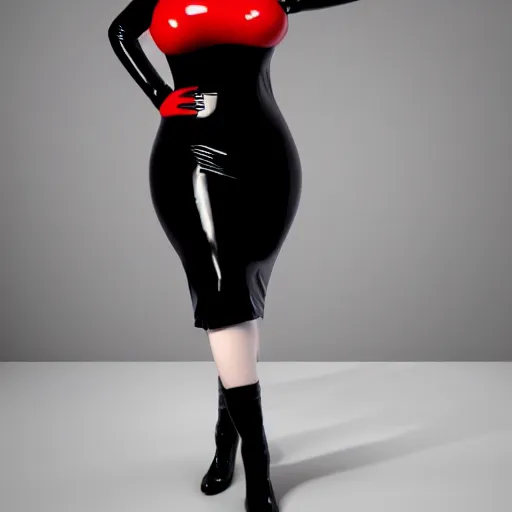 Image similar to portrait of a curvy feminine pale goth cutie in a red-black latex-leather-rubber tight neck-high dress, with a thin waist, black rubber stockings, polished, cgsociety, photorealistic, sublime-comfy-elegant ambience, 16k, smooth, sharp focus, trending on ArtStation, volumetric lighting, fully clothed, worksafe