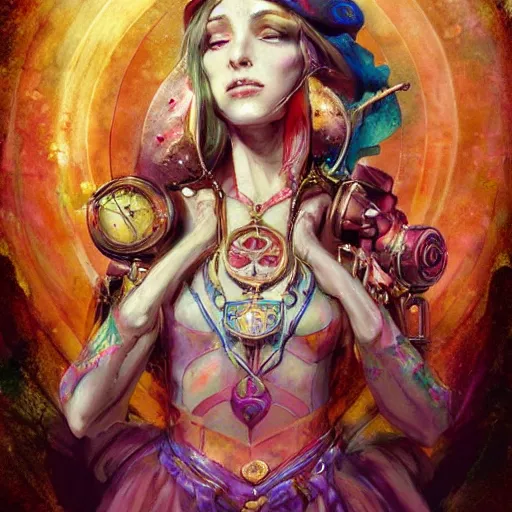 Prompt: an epic painting of the queen empress of time tarot card art, lomo effect, beautiful vibrant mixed pastels and watercolors painting, clockwork steampunk, cgsociety # conceptart cg character art, # oc by ross tran by ashley wood, stephanie hans and vanessa lemen inspired face