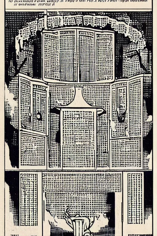 Prompt: pipe organ, 1 9 4 0 s halftone color comic page by steve ditko and alan lee