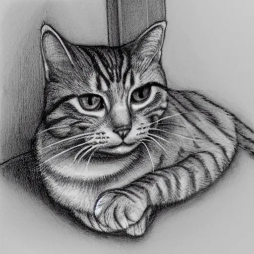 Image similar to a tabby cat named clarence laying on a table looking out the window, it is a sunny day, in the style of a hand drawn pencil sketch