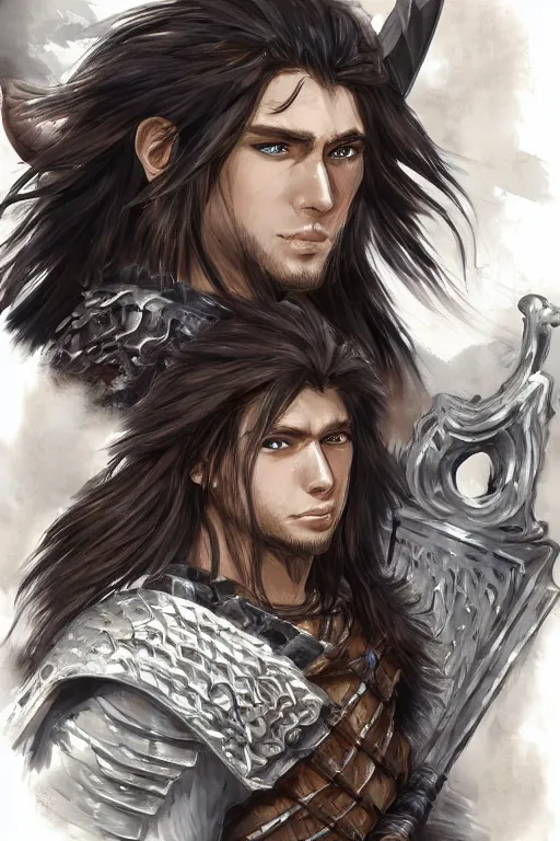 Image similar to A realistic anime portrait of a young handsome male barbarian with long wild hair, intricate fantasy spear, plated armor, D&D, dungeons and dragons, tabletop role playing game, rpg, jrpg, digital painting, by Ayami Kojima, digtial painting, trending on ArtStation, SFW version