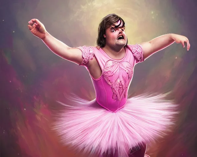 Image similar to photography of jack black dancing in a pink ballerina outfit, full body shot, deep focus, d & d and mtg, fantasy, intricate, elegant, highly detailed, digital painting, artstation, concept art, matte, sharp focus, illustration, hearthstone, art by giger