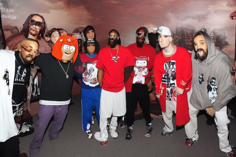 Image similar to crab people south park hyper-realistic photo meeting snoop dogg and eminem