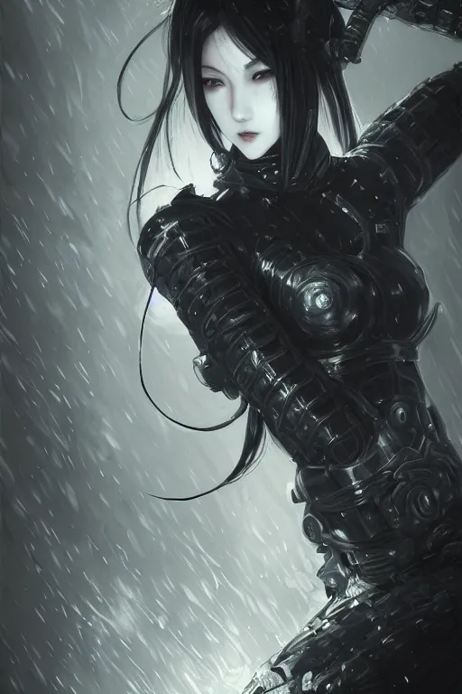 Image similar to portrait Ninja gaiden girl, armored black and white color ninja wardrobe, in ruin japanese rainny temple night, ssci-fi and fantasy, intricate and very very beautiful and elegant, highly detailed, digital painting, artstation, concept art, smooth and sharp focus, illustration, art by tian zi and WLOP and alphonse mucha