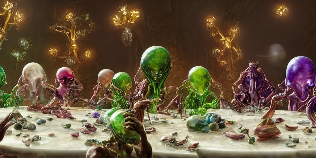 Prompt: !13 very diverse aliens enjoying a rich salad around a marble table, !positioned as last supper cinematic lighting, crystals and diamonds, emeralds, idilic, fantasy, surreal, floating, highly detalied, 4k, artstation, by Wayne Barlowe