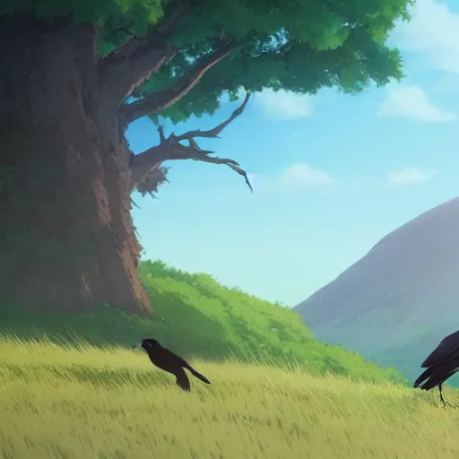 Image similar to a wholesome animation key shot of a crow on a hill, portrait shot, studio ghibli, pixar and disney animation, sharp, rendered in unreal engine 5, anime key art by greg rutkowski, bloom, dramatic lighting