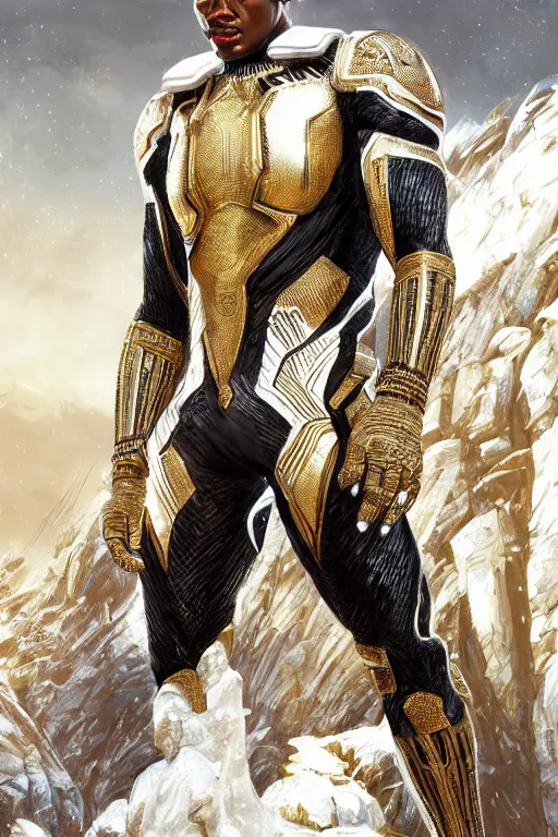 Prompt: ultra realistic illustration, wakandan warrior in white and gold suit standing in a heroic pose in the snowy mountain, hacknaut cyberpunk, sci - fi, fantasy, intricate, elegant, highly detailed, digital painting, artstation, concept art, smooth, sharp focus, illustration, art by artgerm and greg rutkowski and alphonse mucha