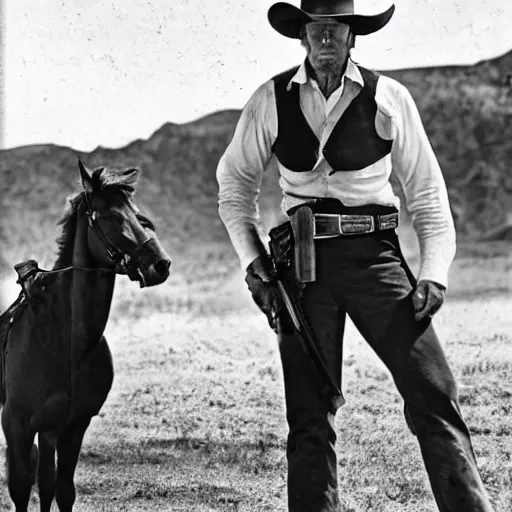 Image similar to an 1 8 0 0 s photo of donald trump playing the role of clint eastwood, squinting at high noon, in the style of a clint eastwood movie, the good, the bad and the ugly, distinguished, clint eastwood, vibe, glory days, mount rushmore, stern, resolve, formal, justice, american flag, independence, patriotism, symmetry, centered, balance