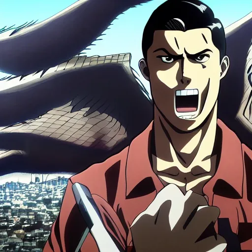 Prompt: cristiano ronaldo on attack on titan, anime series, 8 k resolution, official screenshot, anime screenshot, detailed