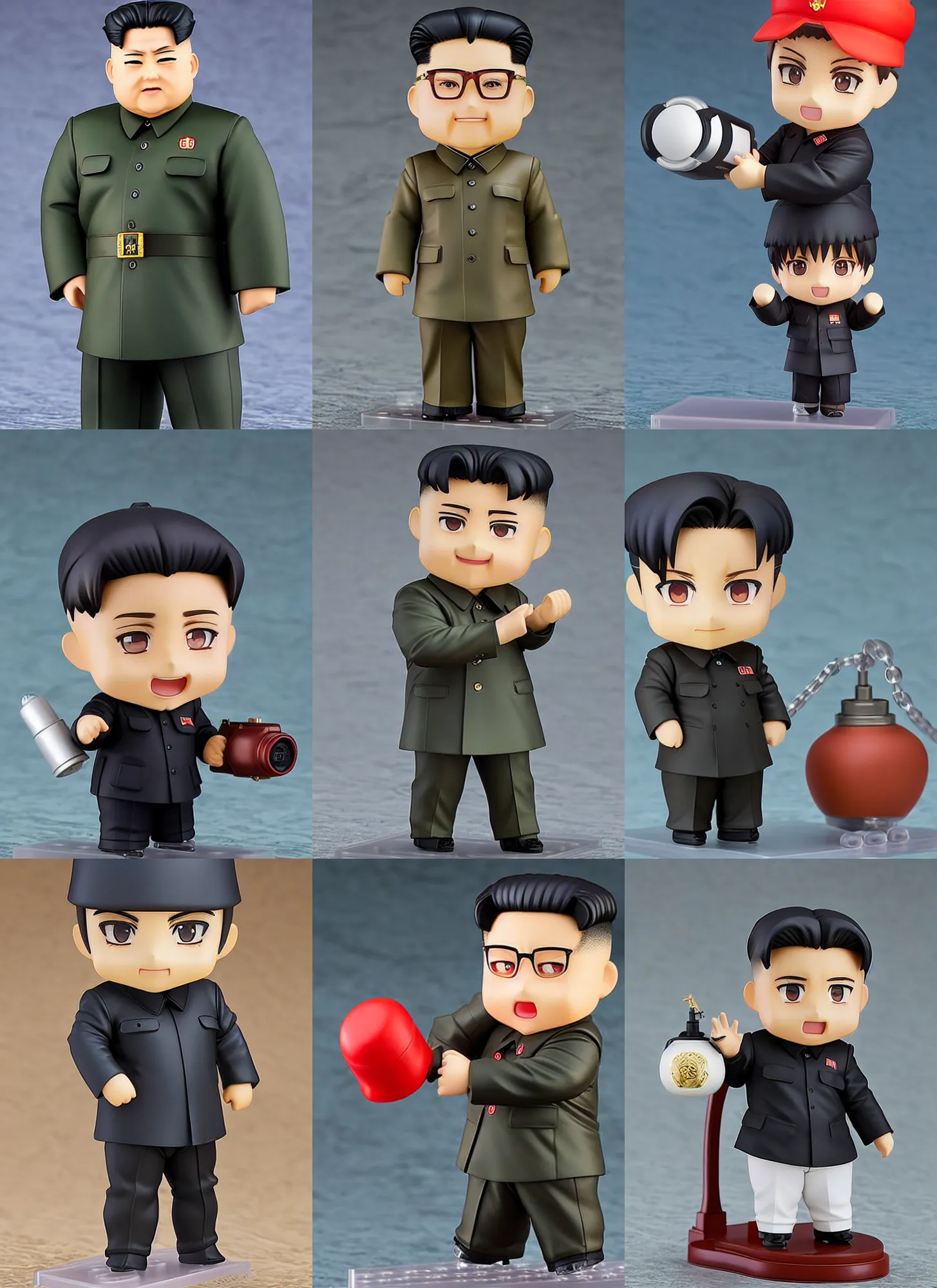 Prompt: an anime nendoroid of kim jong un holding onto a nuclear bomb, detailed product photo