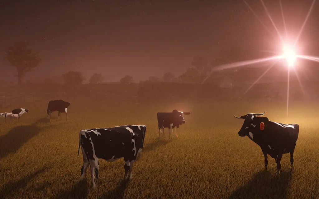 Image similar to alien ufo picking up cow with beam of light in farm, atmospheric, mist, epic, photorealistic, realistic, rule of thirds, extremely detailed, 4 k, 8 k, unreal engine 5 render, rim lighting, rtx, ray traced lighting, shot on 3 5 mm, film grain