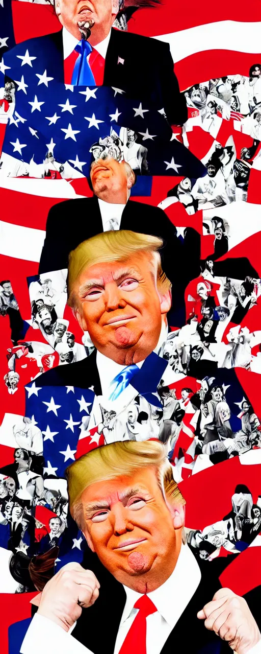 Prompt: graphic art of donald trump as a professional dancer in front of an american flag which covers the entire background