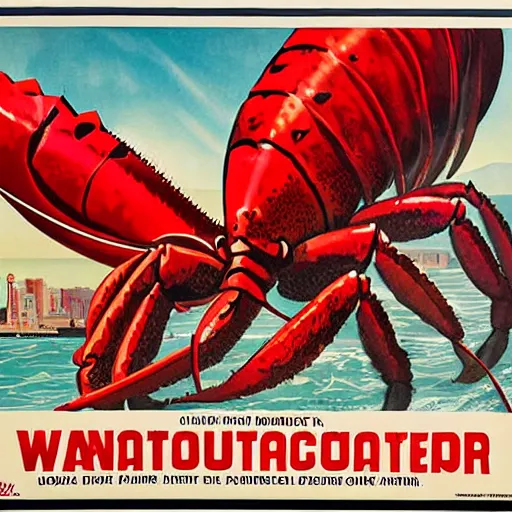 Prompt: WW2 propaganda posters of a giant lobster attacking Vancouver, BC, color print