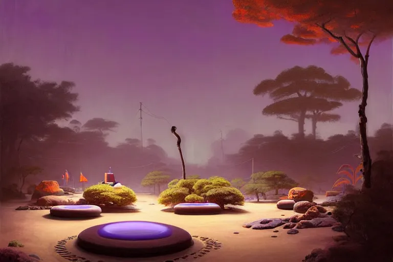 Prompt: a solarpunk zen garden by simon stalenhag and hubert robert and zacharias aagaard and gillis rombouts and samuel beal, hyperrealism!!!, purple sand, orange rocks, chiaroscuro!!, tonalism!, high saturation, high contrast, vibrant, highly detailed, volumetric light