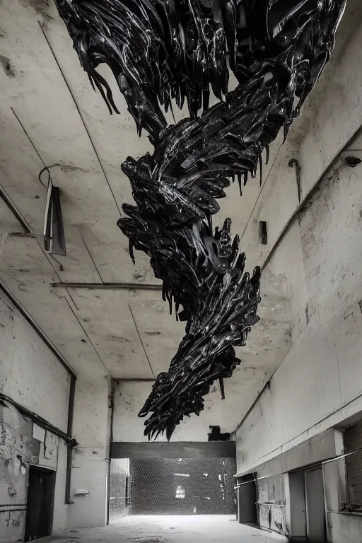 Prompt: ASYMMETRICAL irregular enochian brutalist black-metal spiraling jagged winged sculpture made of glossy black liquid latex and industrial hardware, hanging from ceiling in abandoned storm drain covered in blackmetal style graffiti, designed by nancy grossman, anish kapoor, herman nitsch, directed by david cronenberg, 8k, hyperrealistic, hyper-detailed, highly textured, gloss finish, sharp focus, dark volumetric lighting