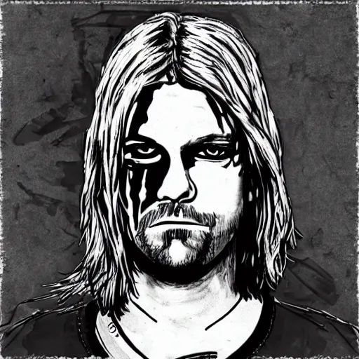 Prompt: grunge drawing of kurt cobain in the style of mad max | horror themed | loony toons style