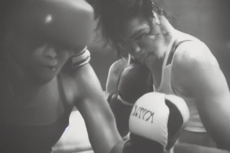 Image similar to close up portrait of women boxing moment of knock out with brews blood sweating, photography photojournalism, very grainy image, 50mm lens, close up portrait polaroid