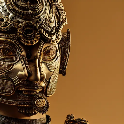 Image similar to an intricate photography portrait of a enigmatic terracota warrior soldier made of obsidian carving metal in a golden desert, extremely detailed, ornate, biomechanical, by wlop by jungyeonmin, james jean jhonseru jsezz, greg rutkowski, lens orbs, global illumination, japandi, hyperreal, micro details