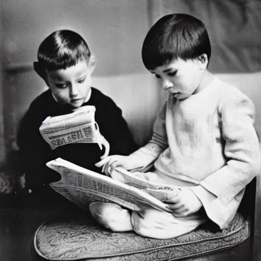 Prompt: photograph of a kid reading the newspaper to a cat, black and white, vintage photography