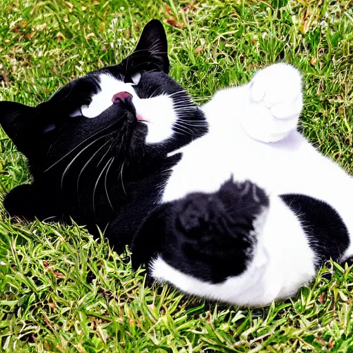 Prompt: a photo of a cute fat tuxedo cat splayed out in a sunbeam