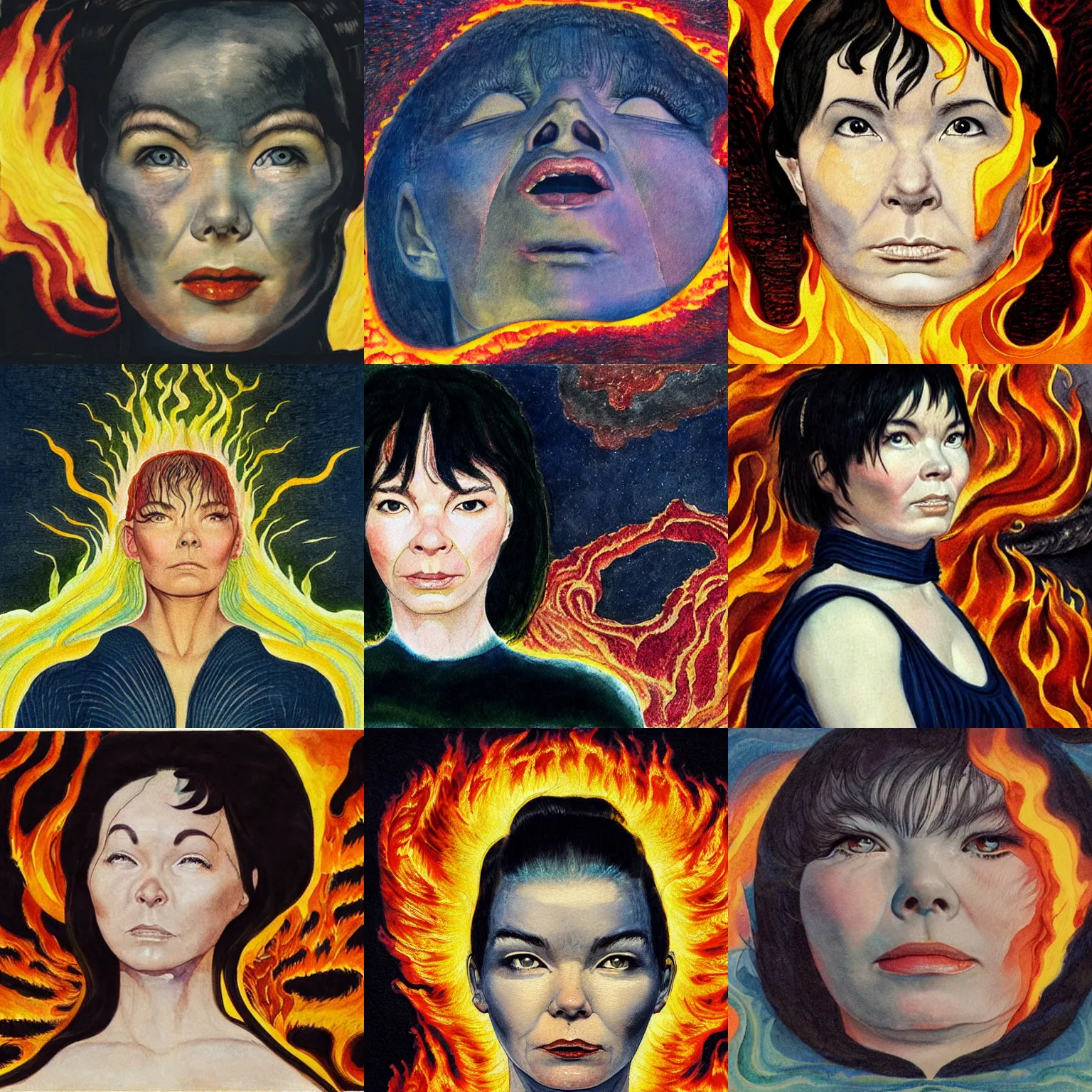 Prompt: photorealistic portrait of bjork's face in front of a detailed background of roaring flames and lava, bjork looks pissed off, painted in watercolor by william blake, 1 8 2 6.